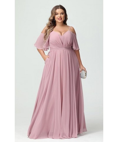 Elegant Women Plus Size Bridesmaid Dresses 2024 with Slit Cold Shoulder Chiffon Formal Party Dresses with Pockets RO020 Coral...