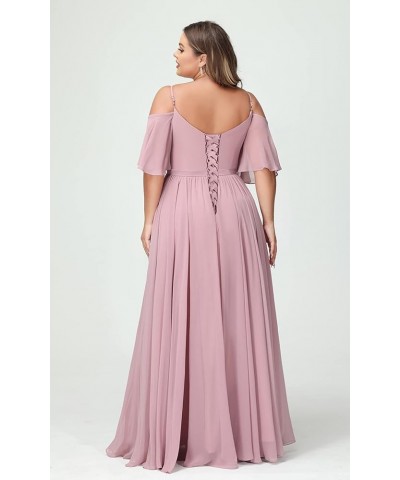 Elegant Women Plus Size Bridesmaid Dresses 2024 with Slit Cold Shoulder Chiffon Formal Party Dresses with Pockets RO020 Coral...