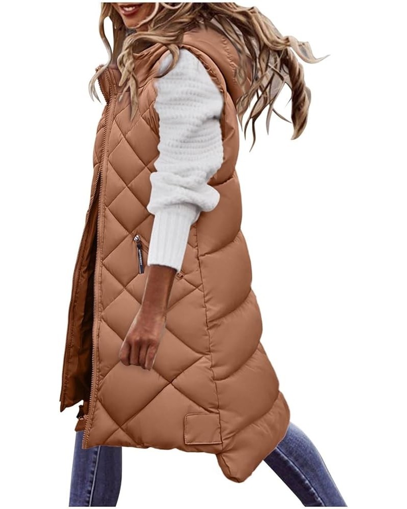 Long Vest for Women Winter Warm Sleeveless Down Jacket Casual Loose Long Puffer Vest Solid Pocket Hooded Parka Coat C-khaki $...