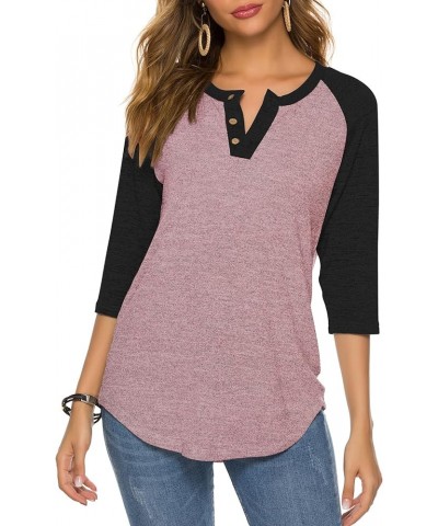 Women's Raglan Round Neck Summer Tops Ladies Basic Button Henley Shirt Boyfriend Style Blouse Black Sleeve+pink $18.23 Tops