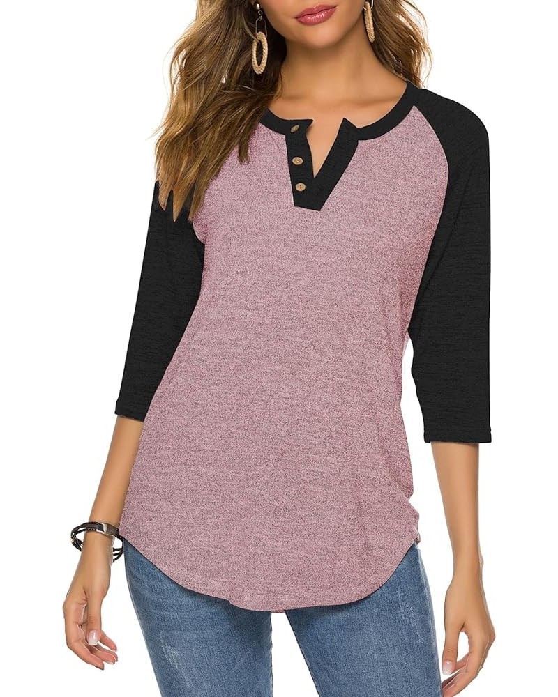 Women's Raglan Round Neck Summer Tops Ladies Basic Button Henley Shirt Boyfriend Style Blouse Black Sleeve+pink $18.23 Tops