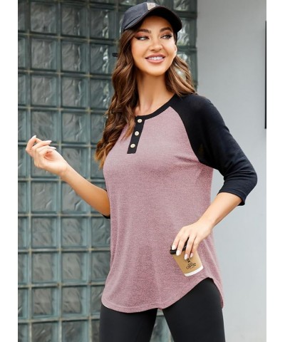 Women's Raglan Round Neck Summer Tops Ladies Basic Button Henley Shirt Boyfriend Style Blouse Black Sleeve+pink $18.23 Tops