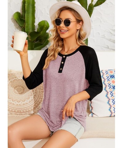 Women's Raglan Round Neck Summer Tops Ladies Basic Button Henley Shirt Boyfriend Style Blouse Black Sleeve+pink $18.23 Tops