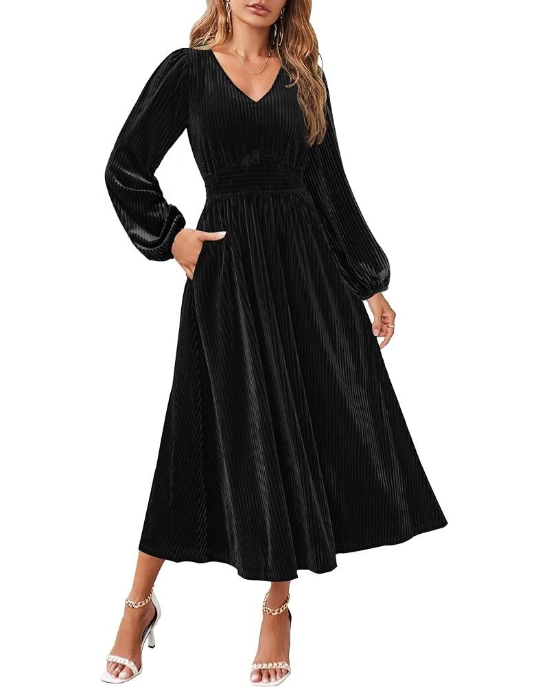 Women's Velvet Midi Dress Casual V Neck Long Sleeve Solid Color Elastic High Waist Flowy Evening Party Dresses Black $22.00 D...