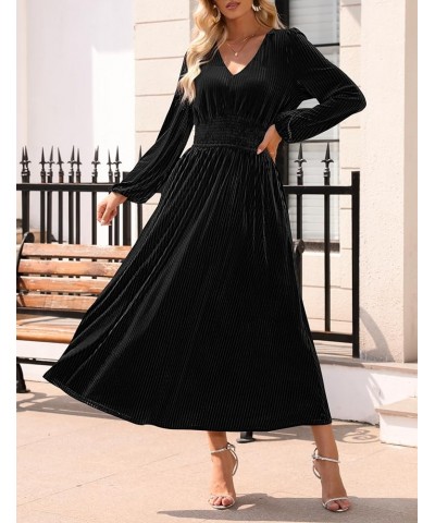 Women's Velvet Midi Dress Casual V Neck Long Sleeve Solid Color Elastic High Waist Flowy Evening Party Dresses Black $22.00 D...