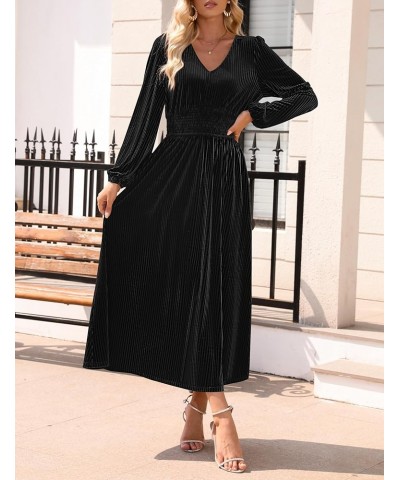 Women's Velvet Midi Dress Casual V Neck Long Sleeve Solid Color Elastic High Waist Flowy Evening Party Dresses Black $22.00 D...