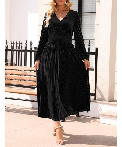 Women's Velvet Midi Dress Casual V Neck Long Sleeve Solid Color Elastic High Waist Flowy Evening Party Dresses Black $22.00 D...