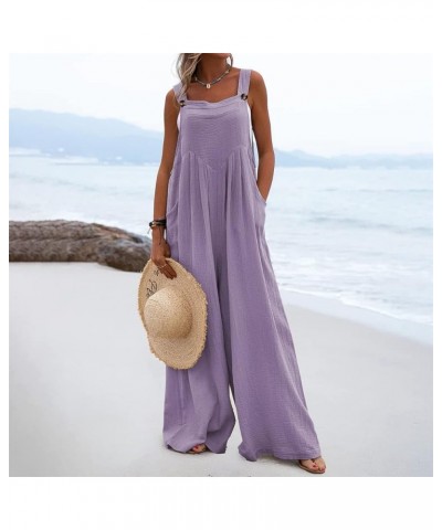 Cotton Linen Jumpsuits for Women Loose Sleeveless Adjustable Straps Overalls Bib Wide Leg One Piece Jumpsuit Romper A-purple ...