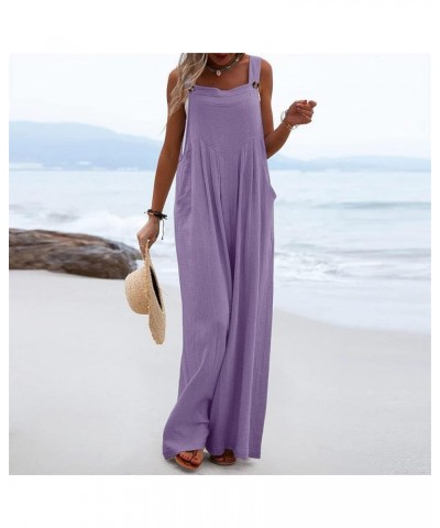 Cotton Linen Jumpsuits for Women Loose Sleeveless Adjustable Straps Overalls Bib Wide Leg One Piece Jumpsuit Romper A-purple ...