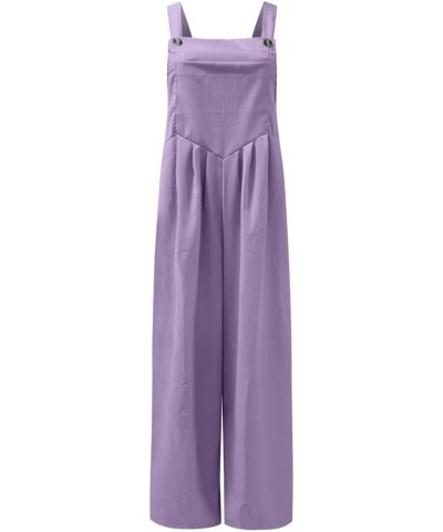 Cotton Linen Jumpsuits for Women Loose Sleeveless Adjustable Straps Overalls Bib Wide Leg One Piece Jumpsuit Romper A-purple ...