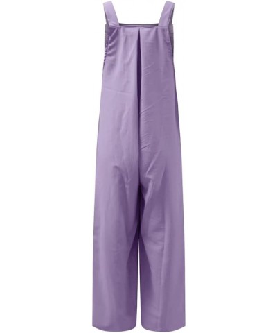 Cotton Linen Jumpsuits for Women Loose Sleeveless Adjustable Straps Overalls Bib Wide Leg One Piece Jumpsuit Romper A-purple ...