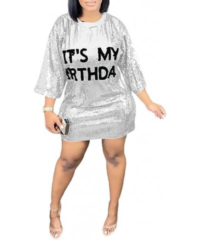 Its My Birthday Dress for Women Birthday Sequin Shirt Dress Letter Graphic Print Half Sleeve Dress B-silver $12.19 Dresses