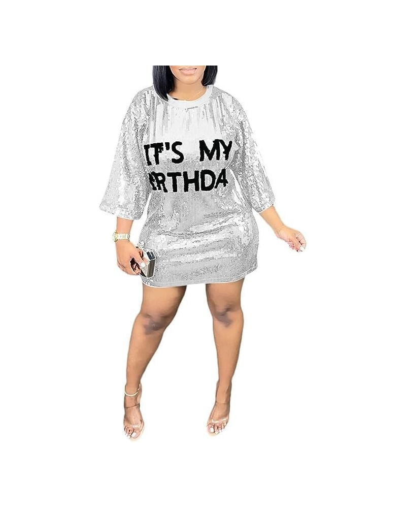 Its My Birthday Dress for Women Birthday Sequin Shirt Dress Letter Graphic Print Half Sleeve Dress B-silver $12.19 Dresses