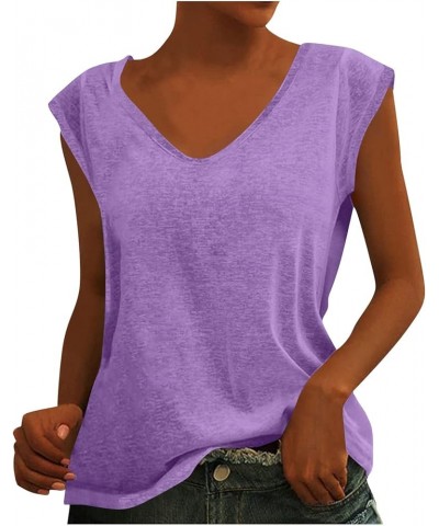 Womens Cap Sleeve Shirts V Neck Summer Tops Casual Loose Fit Basic Solid Color Blouse Tank Tops Light Purple $9.45 Tanks