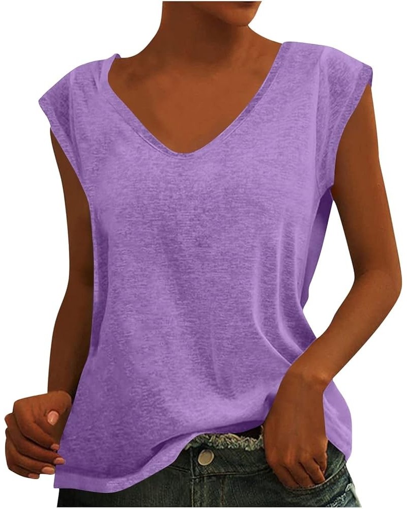 Womens Cap Sleeve Shirts V Neck Summer Tops Casual Loose Fit Basic Solid Color Blouse Tank Tops Light Purple $9.45 Tanks