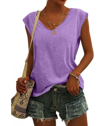 Womens Cap Sleeve Shirts V Neck Summer Tops Casual Loose Fit Basic Solid Color Blouse Tank Tops Light Purple $9.45 Tanks