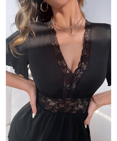 Women's Full Slip Lace Modal Chemises Short Sleeve V Neck Nightgown Black $13.24 Sleep & Lounge