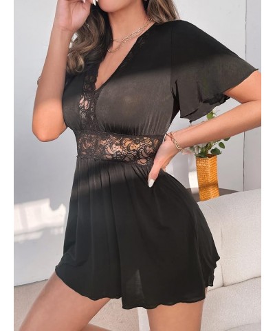 Women's Full Slip Lace Modal Chemises Short Sleeve V Neck Nightgown Black $13.24 Sleep & Lounge