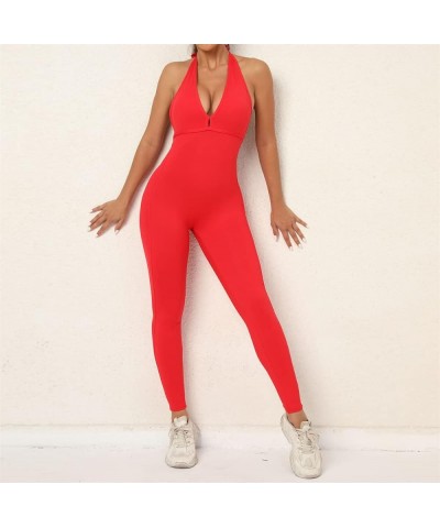 Womens Nude Feeling Halter Yoga Jumpsuit Solid Seamless Backless Workout Athletic Bodysuit Tracksuit Sport Rompers A-red $25....