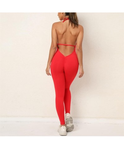 Womens Nude Feeling Halter Yoga Jumpsuit Solid Seamless Backless Workout Athletic Bodysuit Tracksuit Sport Rompers A-red $25....