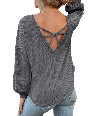 Womens Sexy Criss Cross V Back Waffle Knit Sweater Casual Long Sleeve Round Neck Pullover Jumper Tops Winter Knitwear ★Size R...