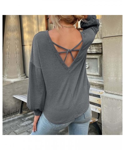 Womens Sexy Criss Cross V Back Waffle Knit Sweater Casual Long Sleeve Round Neck Pullover Jumper Tops Winter Knitwear ★Size R...