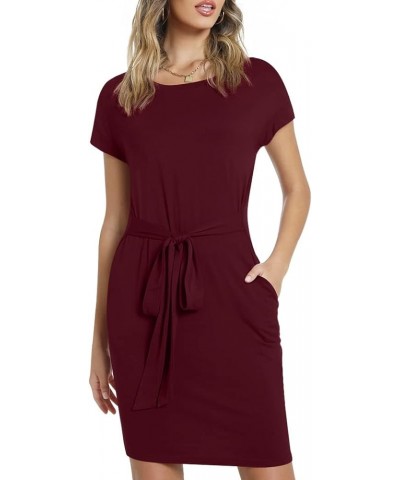 2024 Women's Summer Short Sleeve T Shirt Dress Casual Tie Waist Dresses with Pockets Wine Red $9.22 Dresses