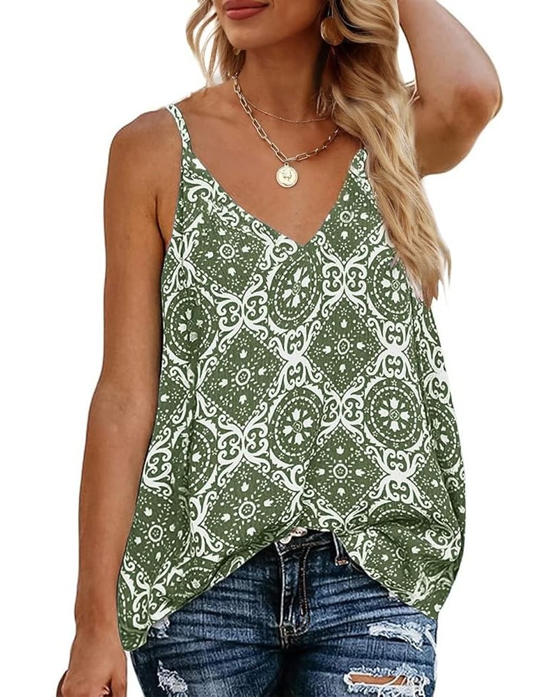 Women's Boho Floral V Neck Spaghetti Straps Tank Top Summer Sleeveless Shirts Blouse Armygreen $14.69 Tanks