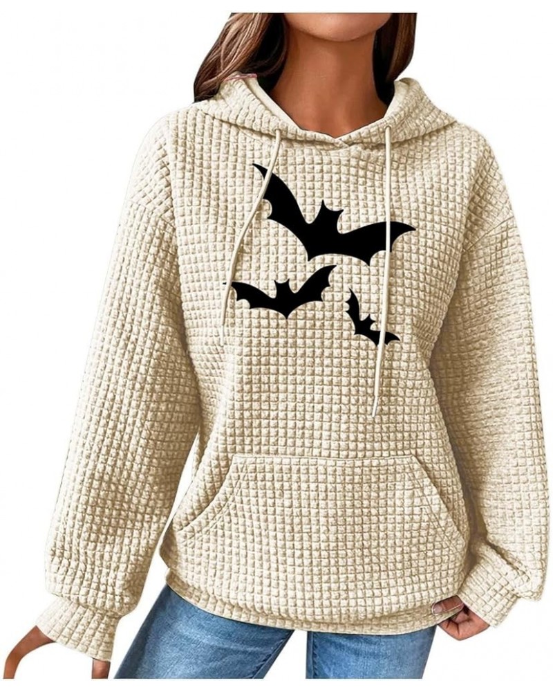 Waffle Hoodie for Women,Halloween Bat Casual Pullover Sweatshirts Drawstring Hooded Basic Sweatshirt Fall 2023 1-beige $10.25...