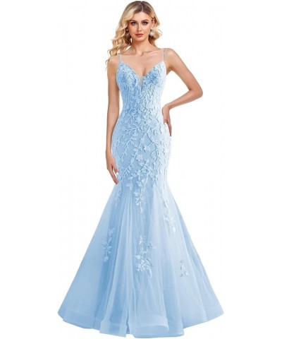 Lace Applique Prom Dresses Mermaid V Neck Wedding Party Gowns 2024 Formal Evening Dress Sky Blue $42.64 Dresses