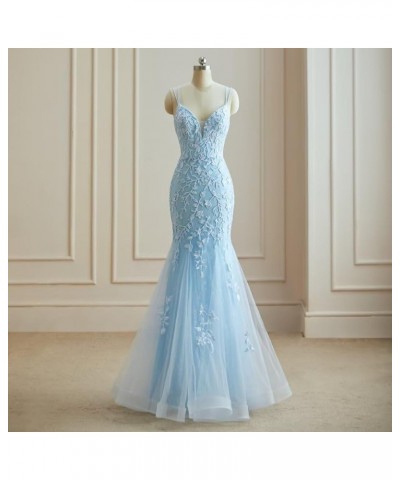 Lace Applique Prom Dresses Mermaid V Neck Wedding Party Gowns 2024 Formal Evening Dress Sky Blue $42.64 Dresses