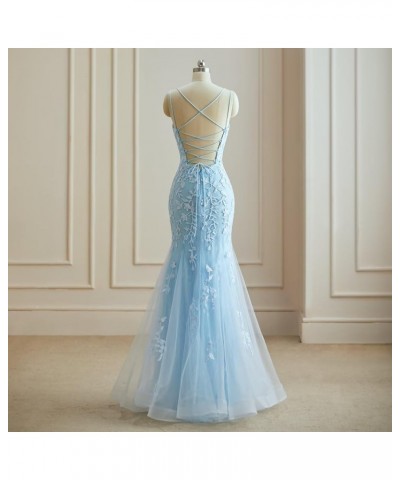 Lace Applique Prom Dresses Mermaid V Neck Wedding Party Gowns 2024 Formal Evening Dress Sky Blue $42.64 Dresses