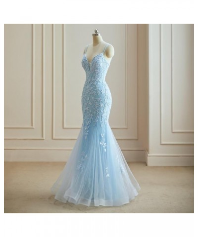 Lace Applique Prom Dresses Mermaid V Neck Wedding Party Gowns 2024 Formal Evening Dress Sky Blue $42.64 Dresses