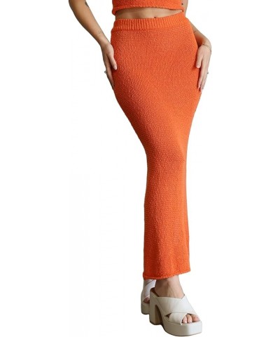 Women's 2 Piece Hollow Crochet Out Sets Knitted Y2k Sexy Long Sleeve Crop Tops And Maxi Skirt Clubwear Ye Orange $19.37 Suits