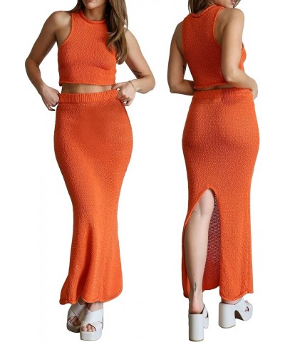 Women's 2 Piece Hollow Crochet Out Sets Knitted Y2k Sexy Long Sleeve Crop Tops And Maxi Skirt Clubwear Ye Orange $19.37 Suits