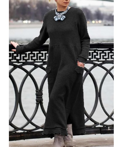 Women's Solid Lace Crewneck Maxi Dress Casual Loose Plus Size Fall Pullover Dresses for Women with Pockets Colorblack $16.66 ...