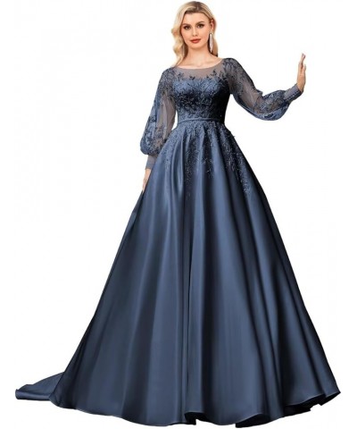 Long Sleeve Prom Dresses Lace Applique Wedding Dress Satin Ball Gown A Line Formal Evening Gowns Navy Blue $45.33 Dresses