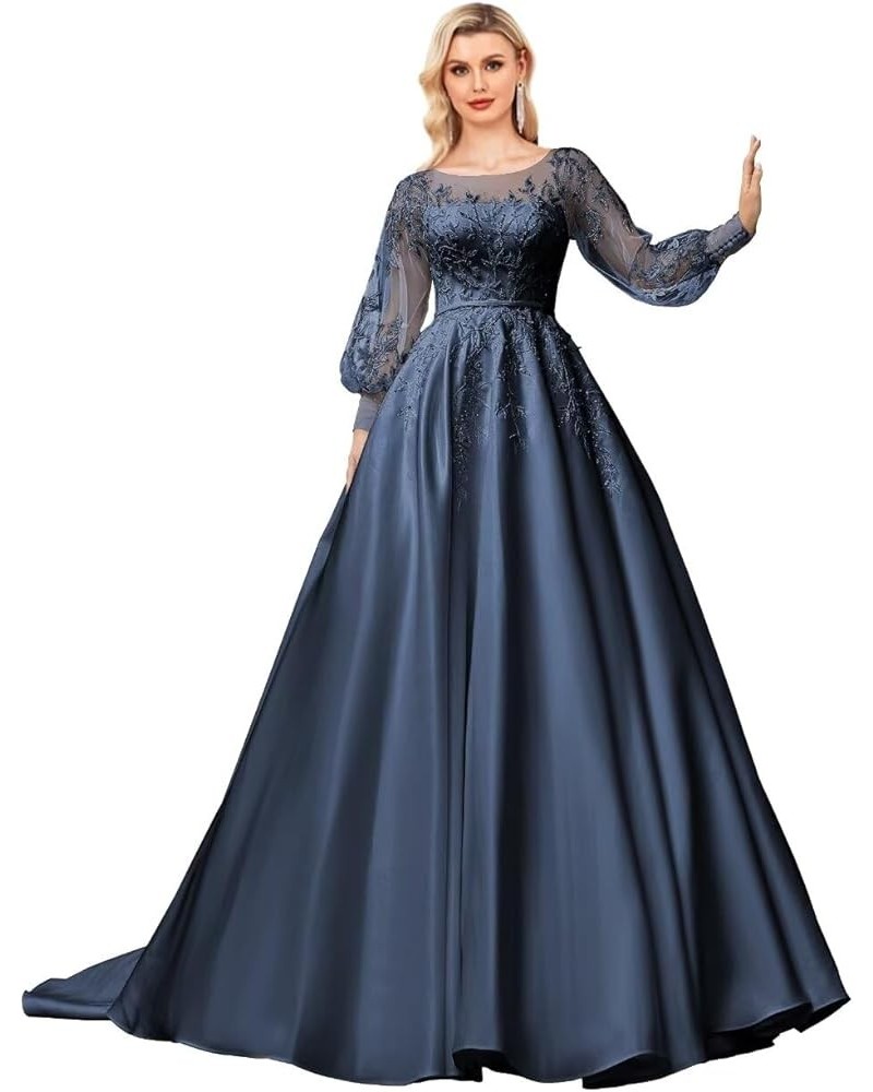 Long Sleeve Prom Dresses Lace Applique Wedding Dress Satin Ball Gown A Line Formal Evening Gowns Navy Blue $45.33 Dresses