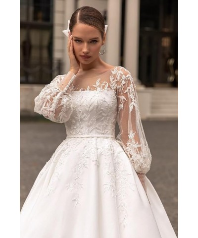 Long Sleeve Prom Dresses Lace Applique Wedding Dress Satin Ball Gown A Line Formal Evening Gowns Navy Blue $45.33 Dresses