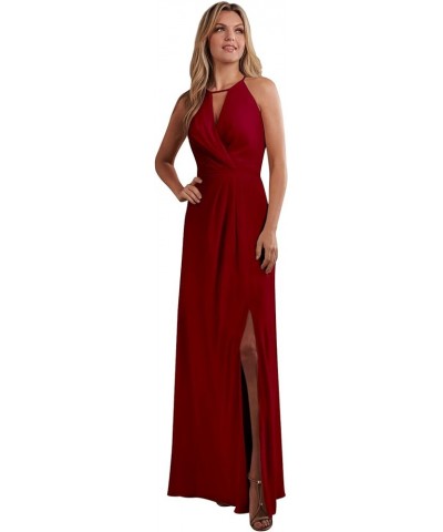 Halter Chiffon Bridesmaid Dresses for Wedding A Line Long Ruched Sleeveless Prom Evening Dress with Slit Burgundy $35.00 Dresses