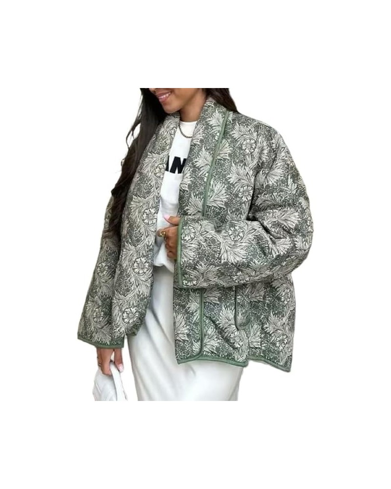 Women Y2k Cropped Quilted Jackets Floral Print Open Front Lightweight Puffer Jacket Padded Quilted Cardigan Coats Lapel Retro...