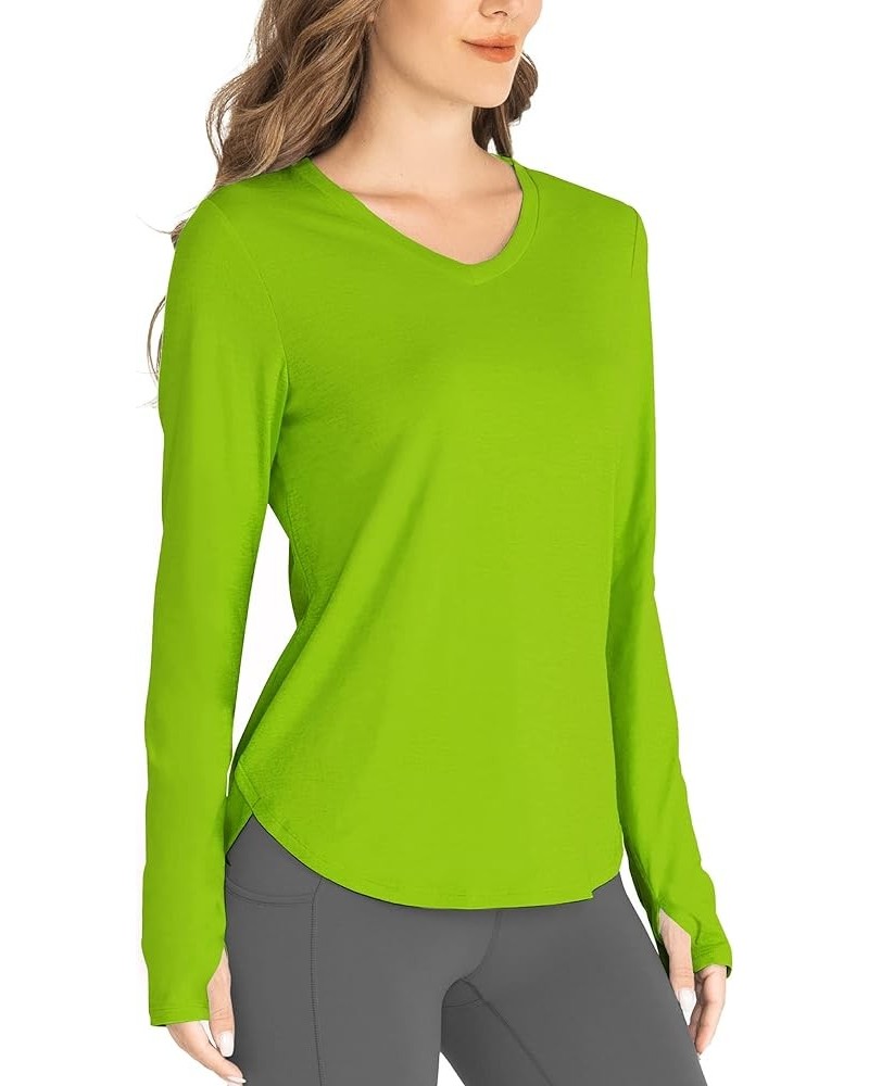 Long Sleeve Workout Shirts for Women V Neck UPF 50+ Athletic Shirts with Thumbhole Running Loose Active T-Shirts Lime Green $...