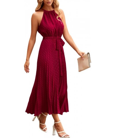 Women's Summer Casual Long Dress Sleeveless Halter Neck Swiss Dot Pleated Beach Maxi Sun Dresses Wine Red $21.00 Dresses