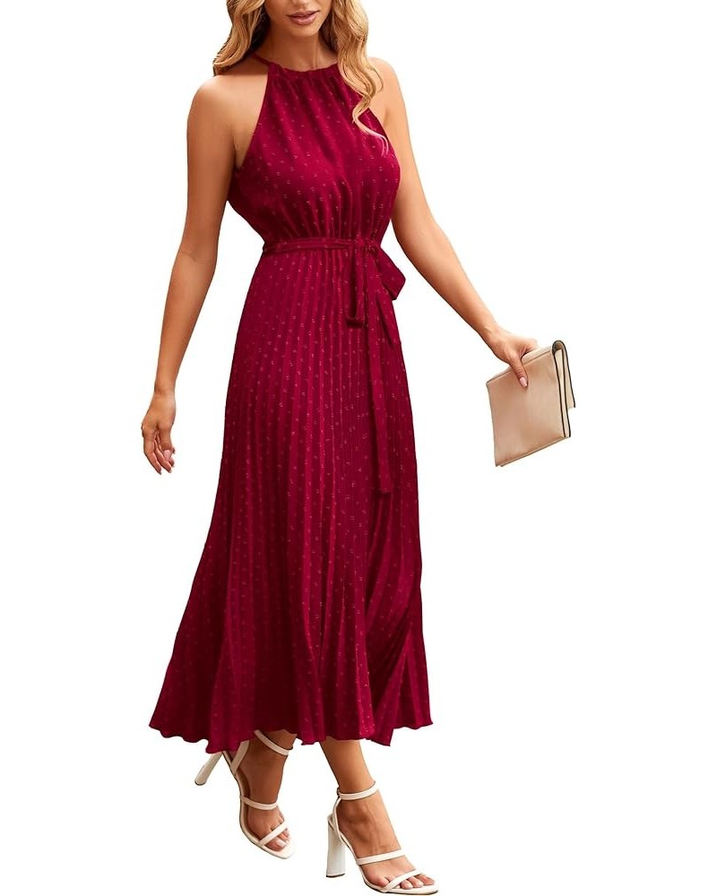 Women's Summer Casual Long Dress Sleeveless Halter Neck Swiss Dot Pleated Beach Maxi Sun Dresses Wine Red $21.00 Dresses