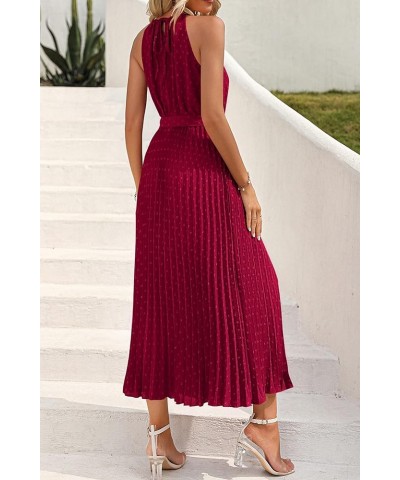 Women's Summer Casual Long Dress Sleeveless Halter Neck Swiss Dot Pleated Beach Maxi Sun Dresses Wine Red $21.00 Dresses