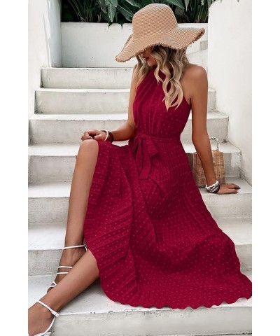 Women's Summer Casual Long Dress Sleeveless Halter Neck Swiss Dot Pleated Beach Maxi Sun Dresses Wine Red $21.00 Dresses