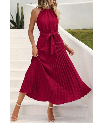 Women's Summer Casual Long Dress Sleeveless Halter Neck Swiss Dot Pleated Beach Maxi Sun Dresses Wine Red $21.00 Dresses