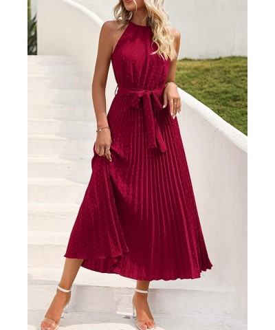 Women's Summer Casual Long Dress Sleeveless Halter Neck Swiss Dot Pleated Beach Maxi Sun Dresses Wine Red $21.00 Dresses