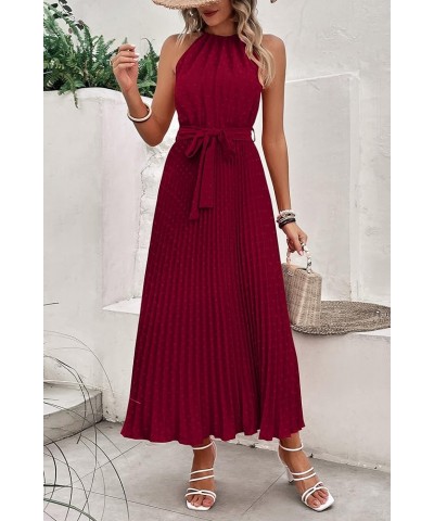 Women's Summer Casual Long Dress Sleeveless Halter Neck Swiss Dot Pleated Beach Maxi Sun Dresses Wine Red $21.00 Dresses