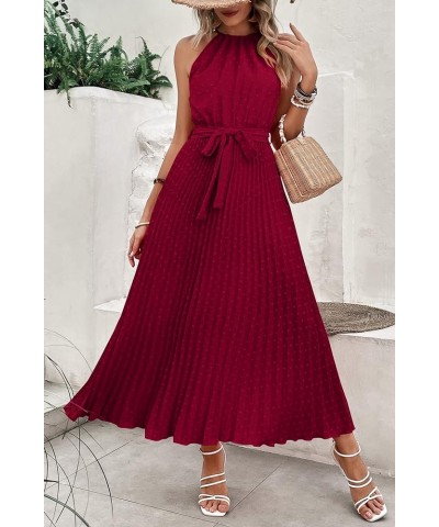 Women's Summer Casual Long Dress Sleeveless Halter Neck Swiss Dot Pleated Beach Maxi Sun Dresses Wine Red $21.00 Dresses